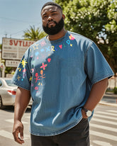 Big & Tall Men's Creative Floral Graffiti Washed Denim Short Sleeve T-Shirt